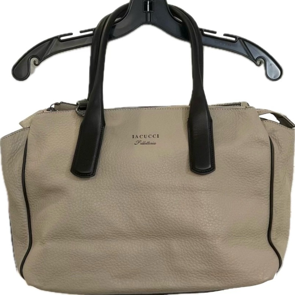 lacucci Made In Italy Leather Shoulder Satchel Tote Bag Taupe Trim Black Luxury